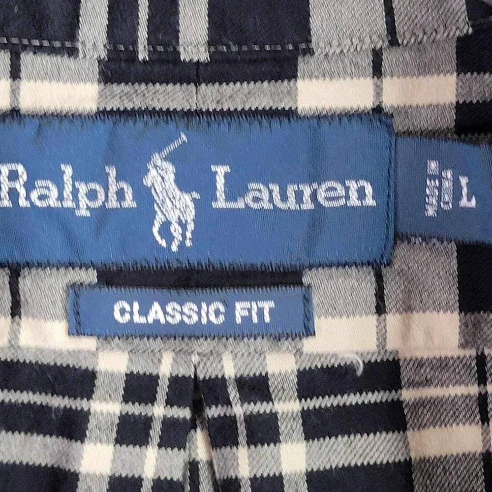 Polo Ralph Lauren Oxford Shirt Men's Large Black Cream Plaid LS Button Down
